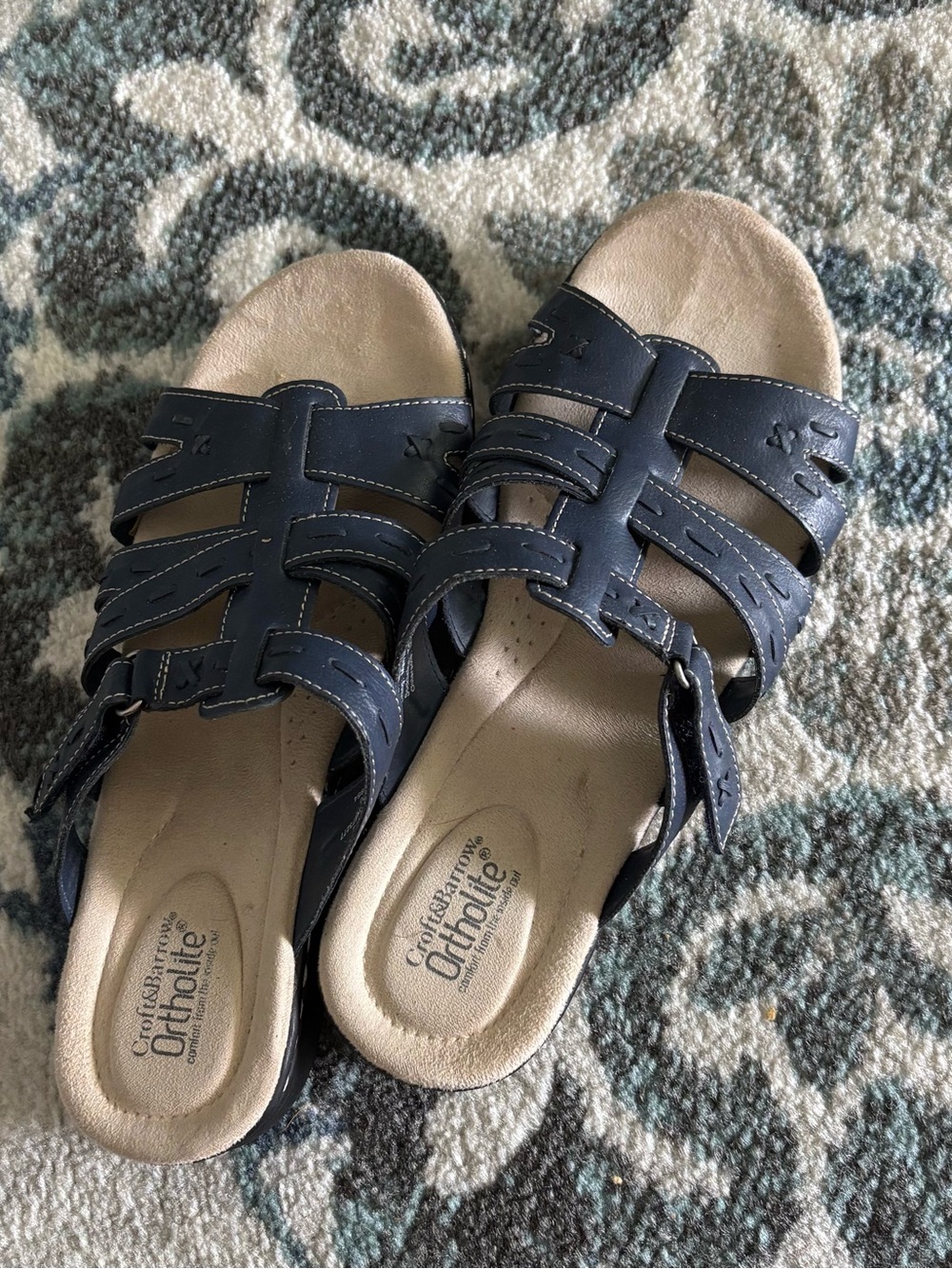 Comfort Ortholite Navy Leather Casual Slide Sandals for Women